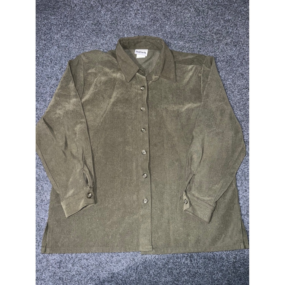 Vintage 90s BonWorth Heavy Button Down Shirt Olive Green Herringbone M Petite